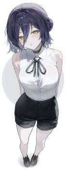 1girl absurdres arms_behind_back bare_shoulders black_hair black_ribbon black_skirt blush breasts chainsaw_man closed_mouth commentary green_eyes hair_between_eyes heart highres huu_(dighapdlxm12) looking_at_viewer medium_breasts reze_(chainsaw_man) ribbon shirt short_hair skirt sleeveless sleeveless_shirt solo