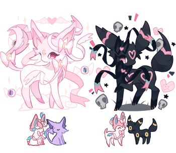 black_bow black_fur black_ribbon bow charamells closed_eyes commentary crescent crescent_facial_mark espeon eyeball facial_mark forehead_mark fusion gen_2_pokemon gen_6_pokemon heart heart_facial_mark highres looking_back nintendo no_humans on_cloud pink_bow pink_eyes pink_fur pink_ribbon pink_theme pink_wings pokemon pokemon_(creature) ribbon simple_background skull sparkle standing standing_on_three_legs star_(symbol) sylveon toes umbreon white_background winged_heart wings
