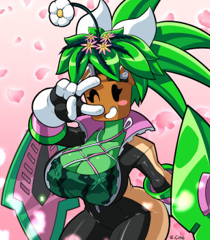 arm_at_side arm_up artist_name black_bodysuit blaster_master_zero_2 blush_stickers bodysuit breasts brown_bodysuit cherry_blossoms colored_skin commentary cowboy_shot criss-cross_halter english_commentary flower gloves green_hair green_skin halterneck huge_breasts kanna_(blaster_master_zero) leaning_forward monster_girl multicolored_bodysuit one_eye_closed open_mouth pink_background plant_girl ponytail rcasedrawsstuff solo spiked_hair standing thick_thighs thighs two-tone_bodysuit v white_gloves wink zipper
