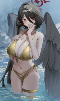 1046u 1girl absurdres bikini black_hair black_wings blue_archive breasts choker commentary_request feathered_wings front-tie_bikini_top front-tie_top gold_bikini golden_week hair_between_eyes halo hasumi_(blue_archive) hasumi_(swimsuit)_(blue_archive) highleg highleg_bikini highres huge_breasts large_breasts long_hair_between_eyes low_wings mole mole_under_eye navel official_alternate_costume official_alternate_hairstyle oversized_wings red_eyes red_halo satin_bikini side-tie_bikini_bottom solo stomach string_bikini swimsuit water wings