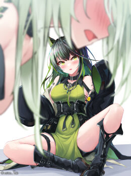 2girls absurdres ahoge animal_ears arknights bare_shoulders belt belt_pouch bent_over black_boots black_collar black_corset black_hair black_jacket black_shorts blurry blurry_foreground blush boots breasts cat_ears collar corset cuckquean detached_collar dress extra_ears green_dress green_eyes green_hair grey_hair highres jacket kal&#039;tsit_(arknights) knee_boots looking_at_viewer material_growth medium_breasts medium_hair mon3tr_(arknights) multicolored_hair multiple_girls open_clothes open_jacket open_mouth oripathy_lesion_(arknights) paid_reward_available pouch shorts sidelocks simple_background sitting sleeveless sleeveless_dress sleeves_past_fingers sleeves_past_wrists streaked_hair thigh_belt thigh_strap white_background yeosi
