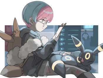 absurdres blue_hair cellphone character_backpack closed_mouth commentary_request eevee_backpack eyelashes from_side gen_2_pokemon glasses grey_eyes grey_hoodie grey_pantyhose headphones highres holding holding_phone hood hood_down hoodie long_sleeves multicolored_hair nintendo one_eye_closed pantyhose penny_(pokemon) petting phone pokemon pokemon_(creature) pokemon_sv print_pantyhose red_hair see-through_clothes see-through_skirt short_hair sitting skirt smartphone smile two-tone_hair tyaui_(xjju4435) umbreon unworn_headphones very_short_hair
