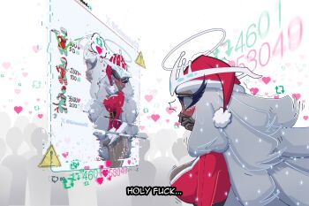 1girl absurdres artist_name belt black_belt blush cowboy_shot dark-skinned_female dark_skin dress english_text fur-trimmed_dress fur_trim grey_hair grimmie02 halo hand_up hat highres long_hair nail_polish profile red_hat santa_costume santa_dress santa_hat short_dress subtitled teeth twitter_strip_game watermark white_background