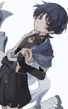 1boy armor belt black_belt black_bodysuit black_bow black_bridal_gauntlets black_hair black_sandals black_shorts blue_cape blunt_ends bodysuit bow bridal_gauntlets bridal_legwear cape closed_mouth covered_collarbone eyeliner eyeshadow furisode gem genshin_impact gold_ring green_gemstone grey_eyes grey_kimono hakama hakama_shorts highres japanese_armor japanese_clothes juban kimono kote kurokote light_blush looking_at_viewer makeup male_focus mandarin_collar middle_ring open_clothes open_kimono pleated_shorts purple_rope purple_sash red_eyeliner red_eyeshadow rope sandals sash scaramouche_(genshin_impact) shorts shoulder_peek smile solo split_mouth stirrup_legwear sway_back tassel toeless_legwear vision_(genshin_impact) wanderer_(genshin_impact) white_background white_kimono white_trim wispy_bangs zattasyanko zouri