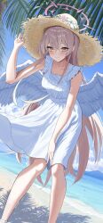 Rule 34 | 1girl, absurdres, angel wings, beach, blue archive, blush, bocchi (kuropom7), breasts, closed mouth, day, dress, feathered wings, feet out of frame, flower, hair between eyes, halo, hat, hat flower, highres, light brown hair, long hair, medium breasts, nagisa (blue archive), ocean, outdoors, pink flower, pink halo, smile, solo, straw hat, white dress, white flower, white wings, wings, yellow eyes