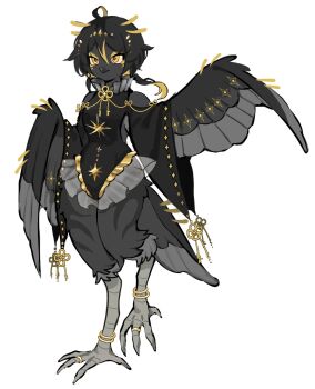1girl androgynous animal_feet anklet bangle beak bird_girl bird_legs bird_tail bird_wings black_dress black_feathers black_hair bracelet dress feathers flat_chest frills furry furry_female gold_anklet gold_eyeshadow highres jewelry long_sleeves neku_boo original short_hair simple_background solo standing standing_on_one_leg tail tassel toe_ring white_background wide_sleeves winged_arms wings yellow_eyes