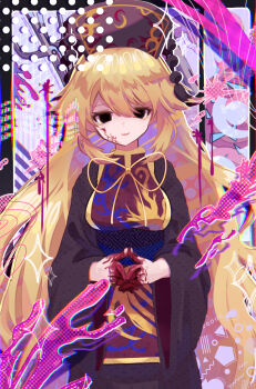 Rule 34 | 1girl, absurdres, amadare rak, black dress, blank eyes, blonde hair, blood, blood on face, blood on hands, chinese clothes, commentary request, dalachi (headdress), dress, hair between eyes, highres, junko (touhou), long hair, long sleeves, looking at viewer, own hands together, parted lips, red tabard, smile, solo, tabard, touhou, very long hair