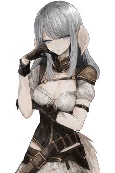 Rule 34 | 1girl, absurdres, asymmetrical gloves, au ra, belt, black gloves, blue eyes, breasts, cleavage, commentary request, corset, dragon girl, dragon horns, dragon tail, final fantasy, final fantasy xiv, gloves, grey hair, hachi0047, highres, horns, long hair, looking at viewer, scales, shirt, short sleeves, simple background, skirt, solo, tail, warrior of light (ff14), white background, white shirt, white skirt