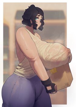 1girl absurdres aqua_eyes black_gloves black_hair blue_pants box breast_rest breasts cameltoe cardboard_box delivery fingerless_gloves from_side gigantic_breasts gloves green_eyes highres holding holding_box huge_breasts lips mmmmmkun nipples original pants sagging_breasts see-through_clothes see-through_shirt shirt short_hair sideboob sleeveless sleeveless_shirt solo standing sweat tank_top very_sweaty white_shirt white_tank_top