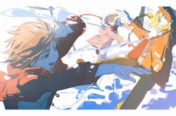 Rule 34 | 1girl, 2boys, absurdres, aria b, armin arlert, black hair, blonde hair, brown coat, brown hair, brown pants, coat, earmuffs, eren yeager, fur-trimmed coat, fur trim, hashtag-only commentary, highres, hood, hooded coat, long sleeves, looking at another, mikasa ackerman, multiple boys, one eye closed, open clothes, open coat, open mouth, outdoors, pants, pink coat, red scarf, scarf, shingeki no kyojin, short hair, snow, snowball, snowball fight, winter clothes