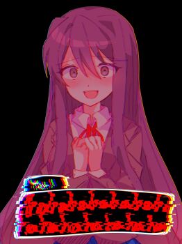 1girl closed_mouth doki_doki_literature_club doki_doki_literature_club_school_uniform hair_between_eyes hair_ornament hairclip highres jacket kotohatoko510 long_hair long_sleeves looking_at_viewer purple_eyes purple_hair ribbon school_uniform shirt short_hair simple_background skirt solo visual_novel yandere yuri_(doki_doki_literature_club)