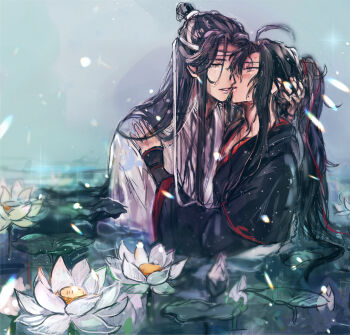2boys ahoge black_hair black_hanfu blush chinese_clothes closed_eyes commentary_request couple flower hair_ribbon hand_in_another's_hair hand_on_another's_shoulder hanfu headband highres hug kiss ktxxok lan_wangji light_particles long_hair long_sleeves looking_at_another lotus lotus_leaf male_focus modao_zushi multiple_boys parted_lips partially_submerged ponytail purple_eyes red_ribbon ribbon robe sidelocks sleeves_past_wrists smile topknot upper_body water wei_wuxian wet wet_clothes wet_hair white_flower white_hanfu white_headband wide_sleeves xiao_guan_(headdress) yaoi yellow_eyes