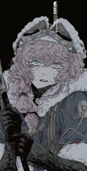 Rule 34 | 1girl, black background, black gloves, black sweater, blue coat, blue eyes, brown hat, coat, fur-trimmed coat, fur trim, gloves, goggles, goggles on headwear, gyujik qzc, hat, highres, holding, holding pickaxe, long braid, long hair, looking up, nautika (reverse:1999), parted lips, pickaxe, pink hair, reverse:1999, solo, sweat, sweater, trapper hat, two-handed, upper body