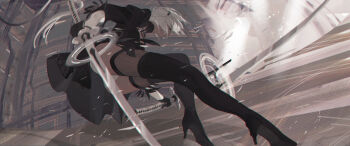 1girl 2b_(nier:automata) android black_dress black_gloves black_hairband blindfold boots chanc030 covered_eyes dress dual_wielding dynamic_pose feather-trimmed_sleeves feather_trim from_side gloves hairband high_heel_boots high_heels highres holding holding_sword holding_weapon juliet_sleeves long_sleeves nier:automata nier_(series) profile puffy_sleeves short_hair solo sword thigh_boots thighhighs thighhighs_under_boots virtuous_contract weapon white_hair