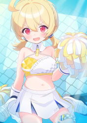 Rule 34 | 1girl, ahoge, blonde hair, blue archive, breasts, collar, criss-cross halter, detached collar, gloves, halterneck, highres, holding, holding pom poms, kotori (blue archive), kotori (cheer squad) (blue archive), large breasts, looking at viewer, low twintails, millennium cheerleader outfit (blue archive), navel, official alternate costume, open mouth, pom pom (cheerleading), pom poms, red eyes, short hair, smile, solo, thigh strap, twintails, white collar, white gloves, yunosuke kon