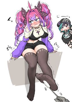 2girls absurdres ahoge aqua_hair black_bra black_dress black_hair black_thighhighs blue_eyes bra bra_over_clothes breasts closed_mouth commentary_request dress drill_hair highres hololive hololive_dev_is kikirara_vivi kikirara_vivi_(1st_costume) kono_(konomi9a) looking_at_viewer looking_to_the_side medium_breasts multiple_girls open_mouth purple_hair purple_streaks red_eyes rindo_chihaya rindo_chihaya_(1st_costume) shirt thighhighs twin_drills underwear virtual_youtuber white_shirt white_streaks