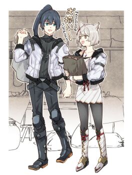 1boy 1girl animal_ears bag black_hair black_pantyhose black_sweater blue_eyes border cat_ears cat_girl commentary_request high_ponytail holding holding_bag jacket looking_at_another mio_(xenoblade) noah_(xenoblade) open_clothes open_jacket open_mouth outside_border pantyhose ponytail skirt smile sudachips sweater turtleneck turtleneck_sweater white_border white_jacket white_skirt xenoblade_chronicles_(series) xenoblade_chronicles_3 yellow_eyes