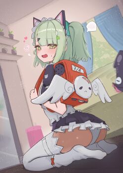 Rule 34 | 1girl, absurdres, angel wings, animal ears, ass, backpack, bag, black dress, cat ears, commentary, dress, embarrassed, fake animal ears, fake wings, fang, frilled dress, frills, full body, green hair, hair ornament, hairclip, heart, high (hgih), highres, indoors, light blush, looking at viewer, maid, maid headdress, medium hair, no shoes, official alternate costume, on floor, open mouth, panties, pantyshot, plant, potted plant, randoseru, red bag, seiza, short dress, side ponytail, sidelocks, sitting, small sweatdrop, solo, spoken blush, squiggle, sunna (afternoon tea break) (zenless zone zero), sunna (zenless zone zero), thighhighs, underwear, white panties, white thighhighs, wings, yellow eyes, zenless zone zero