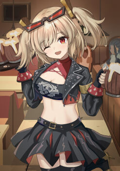 1girl 1other absurdres beer_mug black_jacket black_skirt blonde_hair breasts burnice_white crop_top cropped_jacket cup fier(tes.) highres holding holding_cup indoors jacket looking_at_viewer medium_breasts medium_hair midriff mug navel one_eye_closed red_eyes skirt smile solo_focus strapless tavern thighhighs tube_top twintails zenless_zone_zero zettai_ryouiki