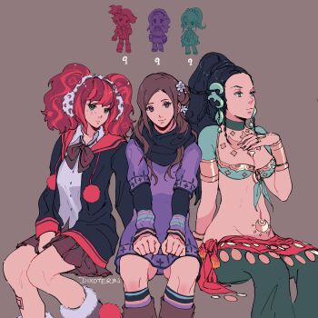 Rule 34 | absurdres, artist name, black hair, black jacket, black scarf, boots, braid, breasts, brown background, brown boots, brown hair, chibi, chibi inset, choker, cleavage, clip studio paint (medium), closed mouth, clothes around waist, collared shirt, commentary, dixoterin, drawstring, dress, earmuffs, earrings, english commentary, eyelashes, facial mark, flower, front-tie top, fur-trimmed boots, fur trim, green choker, green eyes, green pants, hair bun, hair flower, hair ornament, hand on own chest, highres, jacket, jewelry, kashiwabara nona, kurashiki akane, kyokugen dasshutsu, kyokugen dasshutsu: 9 jikan 9 nin 9 no tobira, long hair, long sleeves, midriff, multicolored hair, multicolored socks, multiple girls, navel, neck ribbon, open clothes, open jacket, pants, pink hair, plaid clothes, plaid ribbon, plaid skirt, pom pom (clothes), pom pom drawstring, ponytail, purple boots, purple dress, purple eyes, red hair, red skirt, ribbon, scarf, shirt, short sleeves, simple background, single side bun, sitting, skirt, socks, twin braids, twintails, two-tone hair, white shirt, yashiro (kyokugen dasshutsu), yotsuba (kyokugen dasshutsu)