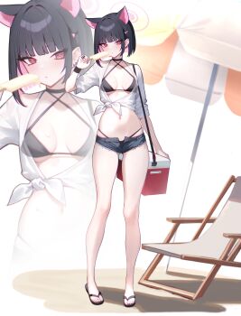 1girl absurdres alternate_costume animal_ears bag beach_umbrella bikini bikini_bottom_under_shorts bikini_under_clothes black_bikini black_footwear black_hair blue_archive blue_shorts breasts cat_ears cat_girl center_opening chair colored_inner_hair commentary_request ear_piercing extra_ears flip-flops folding_chair food hair_ornament halo highres holding holding_food holding_popsicle kazusa_(blue_archive) looking_at_viewer medium_breasts mellow_(srpp4843) melting multicolored_hair navel open_fly piercing pink_eyes pink_hair pink_halo popsicle sandals shirt short_hair shorts shoulder_bag simple_background standing sweat swimsuit thighs tied_shirt umbrella white_background white_shirt zoom_layer