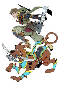 1boy armor dog gloves hair_ornament headband highres holding japanese_clothes kamura_(armor) monster_hunter_(series) monster_hunter_rise officeanomaly scooby-doo scooby-doo_(character) shaggy_rogers short_hair simple_background smile sword weapon white_background