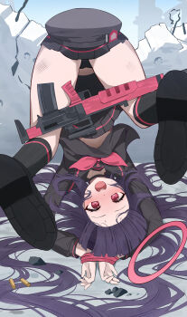 1girl absurdres ass assault_rifle black_hair black_serafuku black_shirt black_skirt blue_archive bullpup em-2 gonggo gun halo highres justice_task_force_member_(blue_archive) loli long_hair looking_at_viewer lying on_back open_mouth panties pink_halo red_eyes restrained rifle school_uniform serafuku shirt skirt underwear very_long_hair weapon