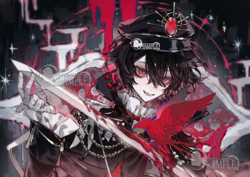 1boy bandaged_hand bandages bird black_hair black_hat blood bloody_weapon crossed_bangs eyeball eyelashes fang frills ge_ge_yu gem hair_between_eyes hat highres holding holding_sword holding_weapon image_sample long_sleeves looking_at_viewer male_focus mihuashi_sample mole mole_under_eye original parted_lips red_bird red_eyes red_gemstone sample_watermark short_hair solo sword upper_body watermark weapon