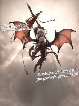 1girl arm_up armor armpits backlighting bikini_armor blonde_hair breasts clinye_(ironlily) commentary demon_girl demon_horns demon_tail demon_wings english_commentary english_text from_below gauntlets highres holding holding_polearm holding_weapon horns ironlily jumping looking_at_viewer looking_down medium_breasts open_mouth original pointy_ears polearm short_hair solo spear tail weapon wings