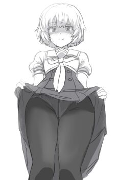 Rule 34 | 1girl, absurdres, blush, closed mouth, clothes lift, commentary request, dress, dress lift, from below, greyscale, heijou institute school uniform, highres, iwakura sanae, looking at viewer, mashitono desu, monochrome, neckerchief, panties, panties under pantyhose, pantyhose, sailor collar, school uniform, shaded face, short hair, short sleeves, simple background, smile, solo, standing, summer uniform, toji no miko, underwear, white background