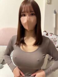 1girl animated black_eyes breasts brown_hair covered_erect_nipples face_mask female_focus large_breasts long_hair looking_at_viewer mask medium_hair no_bra photo_(medium) presenting real_life sexually_suggestive solo teasing underboob video