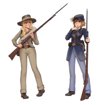 2girls absurdres american_civil_war antique_firearm bayonet bedroll belt belt_buckle black_belt black_shoes blonde_hair blue_eyes blue_hat blue_jacket blue_pants brown_hair brown_jacket brown_pants buckle caplock confederate_states_of_america dirty dirty_clothes evil_grin evil_smile firearm firelock full_body green_eyes grey_hat grin gun hand_on_own_chin hat highres holding holding_gun holding_weapon jacket kepi long_hair looking_at_another military military_combat_uniform military_hat military_uniform mole mole_under_eye multiple_girls original pants pigeon-toed plaid_clothes plaid_shirt shirt shoes short_hair simple_background smile standing united_states_army weapon white_background willy_pete