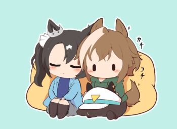 2girls animal_ears black_socks blue_jacket blue_shirt blush brown_hair cheval_grand_(umamusume) chibi chibi_only closed_eyes commentary_request crown full_body gomashio_(goma_feet) green_hoodie hat hood hood_down hoodie horse_ears horse_girl horse_tail jacket long_hair long_sleeves multicolored_hair multiple_girls no_mouth open_clothes open_jacket parted_lips shirt short_hair simple_background sitting socks tail two-tone_hair umamusume unworn_hat unworn_headwear white_hair white_hat |_|