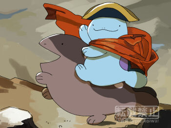 Rule 34 | bicorne, cape, clodsire, clothed pokemon, cosplay, fine art parody, gen 2 pokemon, hat, looking at viewer, napoleon bonaparte, napoleon bonaparte (cosplay), napoleon crossing the alps, nintendo, no humans, parody, pic koiwai, pokemon, pokemon (creature), quagsire, rearing, riding, riding pokemon, smile, twitter username