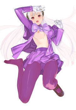 1girl absurdres albino alternate_costume capcom_fighting_jam capelet commentary_request full_body gloves gluteal_fold hairpods highres ingrid_(capcom) jacket mary_janes one_breast_out open_mouth panties panties_under_pantyhose pantyhose pink_capelet pink_jacket pink_skirt project_x_zone_2 purple_pantyhose red_eyes shoes single_shoe skirt solo teeth tetsu_(kimuchi) toes underwear upper_teeth_only white_gloves white_hair