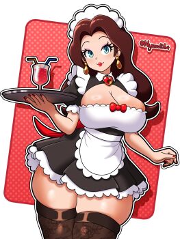 1girl absurdres artist_name black_thighhighs blue_eyes blush bow bowtie breasts brown_hair cleavage cleavage_cutout clothing_cutout commentary dress earrings english_commentary eyeshadow highres jewelry large_breasts lazuli_witch light_blush long_hair looking_at_viewer maid maid_headdress makeup mario_(series) nintendo pauline_(mario) red_bow red_bowtie red_nails shiny_skin short_sleeves solo solo_focus thick_thighs thighhighs thighs tray