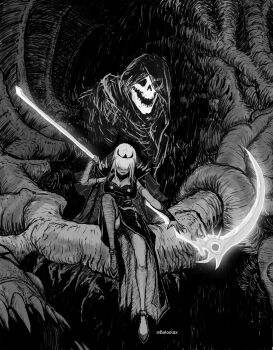 1girl baloolax breasts cape cleavage cleavage_cutout clothing_cutout covered_eyes death_(entity) dress facing_down greyscale highres holding holding_scythe hololive hololive_english hood monochrome mori_calliope scythe single_thighhigh sitting skull spikes thighhighs tiara twitter_username veil virtual_youtuber