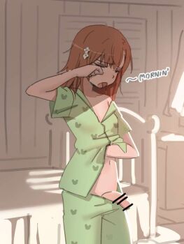 1futa =_= bar_censor bed bed_frame bedroom bulge censored closed_eyes erection erection_under_clothes futanari hair_ornament hairclip hard-translated medium_hair misaka_mikoto morning_wood open_mouth pajamas peeking_out penis red_hair sleepwear sleepy sleepy_frippy solo third-party_edit toaru_kagaku_no_railgun toaru_majutsu_no_index translated