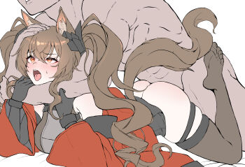 1boy 1girl absurdres alternate_breast_size_(larger) angelina_(arknights) animal_ear_fluff animal_ears arknights arknights:_endfield ass bare_shoulders belt black_gloves black_thighhighs boy_on_top bracelet breasts brown_hair choke_hold clothed_female_nude_male clothed_sex colored_inner_animal_ears commentary daram_(shappydude) diamond-shaped_pupils diamond_(shape) dress elbow_gloves floating_hair fox_ears fox_girl fox_tail gasp gilberta_(arknights) gloves grey_dress headpiece hetero high_belt highres impossible_clothes impossible_dress jewelry large_breasts legs_up long_hair lying microdress nude off_shoulder on_stomach open_mouth orange_eyes prone_bone rough_sex sex sex_from_behind shirt simple_background skindentation sleeveless sleeveless_shirt strangling struggling sweatdrop symbol-shaped_pupils tail thighhighs tongue twintails white_background wide_sleeves