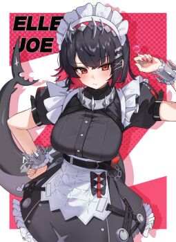 1girl :/ absurdres apron arm_up belt black_bow black_hair blush bow breasts candy chain character_name closed_mouth colored_inner_hair commentary commentary_request cowboy_shot dotted_background ellen_joe english_commentary fins fish_tail food hairband hand_on_own_hip highres holding holding_candy holding_food holding_lollipop large_breasts lollipop looking_at_viewer maid_headdress metal_hairband mixed-language_commentary mole mole_under_eye multicolored_hair pink_background raised_eyebrow razor_blade_hair_ornament red_eyes red_nails scar scar_on_tail shadow shark_girl shark_tail short_hair solo spiked_headband tail tay_(cdjk7758) two-tone_background waist_apron white_background zenless_zone_zero