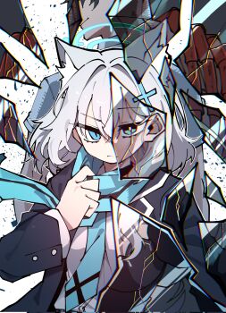 Rule 34 | 1boy, 1girl, animal ear fluff, animal ears, black hair, blue archive, blue eyes, blue halo, blue necktie, blue scarf, bright pupils, commentary request, cross hair ornament, extra ears, glass shard, grey hair, hair ornament, halo, haluu0813, highres, korean commentary, long hair, looking at viewer, mismatched pupils, necktie, scarf, sensei (blue archive), shiroko (blue archive), shiroko terror (blue archive), shirt, upper body, white pupils, white shirt, wolf ears