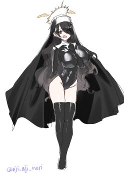 1girl aji_aji_nori black_coif black_hair black_suit black_thighhighs blue_archive breasts formal_clothes groin hair_over_one_eye halo highleg highleg_leotard highres hinata_(blue_archive) large_breasts latex latex_leotard leotard long_hair long_sleeves nun open_mouth red_eyes solo suit thighhighs thighs twitter_username wavy_hair yellow_halo