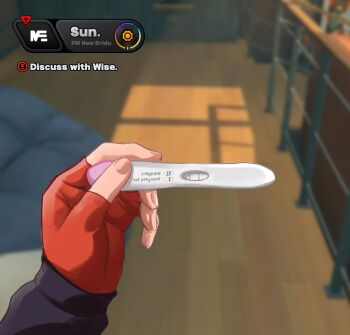1girl belle_(zenless_zone_zero) commentary english_commentary english_text fingerless_gloves game_screenshot_background gloves highres holding holding_pregnancy_test implied_incest indoors long_sleeves luizhtx orange_gloves pov pregnancy_test screenshot_background solo user_interface zenless_zone_zero