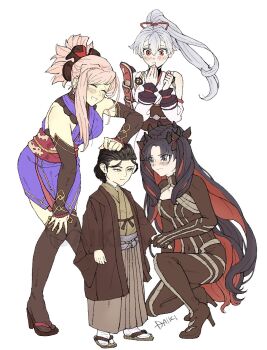 1boy 3girls aged_down armor black_bodysuit black_hair black_thighhighs blush bodysuit brown_hakama brown_haori brown_kimono brown_sash child fate/grand_order fate_(series) grey_eyes hair_slicked_back hakama hakama_pants haori high_heels high_ponytail highres horns ishtar_(fate) japanese_armor japanese_clothes kimono miyamoto_musashi_(fate) miyamoto_musashi_(first_ascension)_(fate) multicolored_hair multiple_girls obi pants parted_bangs pink_hair ponytail purple_kimono red_eyes red_hair red_sash sandals sash short_kimono shoulder_armor single_sidelock sleeveless sleeveless_kimono smile sode space_ishtar_(fate) space_ishtar_(first_ascension)_(fate) swept_bangs syuugou_11 tabi thighhighs tomoe_gozen_(fate) tomoe_gozen_(first_ascension)_(fate) two-tone_hair two_side_up white_hair white_kimono yagyuu_munenori_(fate) yellow_eyes