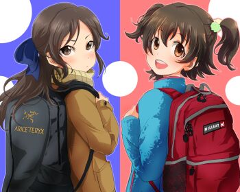 Rule 34 | 10s, 2girls, 71 (nanaichi drafting), akagi miria, backpack, bag, black hair, blush, bow, brown eyes, brown hair, hair bow, half updo, idolmaster, idolmaster cinderella girls, long hair, multiple girls, open mouth, short hair, smile, tachibana arisu, twintails, two side up