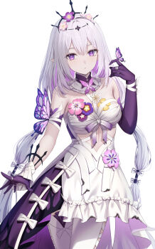 1girl absurdres asymmetrical_gloves bare_shoulders black_tiara bug butterfly castorice_(honkai:_star_rail) clothing_cutout dress elbow_gloves flower gloves hair_flower hair_ornament highres honkai:_star_rail honkai_(series) insect looking_at_viewer pantyhose pantyhose_cutout parted_lips purple_flower purple_gloves purple_hair sakuno_(sksk_sakuno) simple_background sleeveless sleeveless_dress solo stomach_cutout tiara uneven_gloves white_background white_dress white_pantyhose