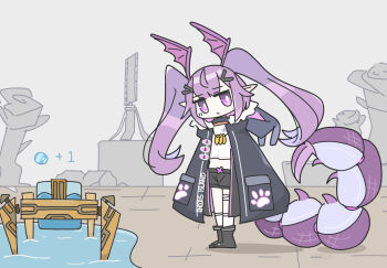 1girl arknights arthropod_girl black_boots black_coat black_shorts boots coat commentary expressionless full_body gameplay_mechanics grey_sky hair_ornament head_wings highres keirono long_hair looking_at_viewer machine manticore_(arknights) midriff pointy_ears purple_eyes purple_hair scorpion_girl scorpion_tail shirt shorts sky socks solo standing tail twintails water white_shirt white_socks wings