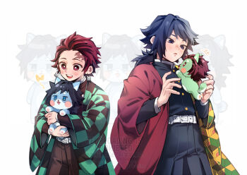 2boys belt black_hair black_jacket black_pants blue_eyes buttons checkered_haori creature demon_slayer_uniform earrings english_text gold_buttons hanafuda_earrings haori high_collar holding holding_creature jacket japanese_clothes jewelry kamado_tanjirou kikkoumon kimetsu_no_yaiba light_blush long_hair low_ponytail male_focus multiple_boys pants parted_lips ponytail print_haori red_haori smile spiked_hair teeth tobidayooon tomioka_giyuu upper_teeth_only watermark white_background white_belt