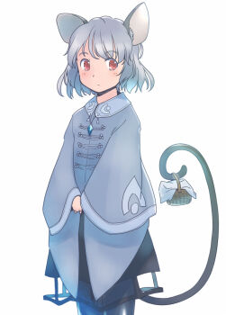 1girl alternate_costume animal_ears basket black_pants black_skirt commentary_request grey_hair grey_shirt holding holding_basket holding_with_tail light_blush light_frown mouse_ears mouse_girl mouse_tail nazrin one-hour_drawing_challenge pants prehensile_tail rangycrow red_eyes shirt short_hair sideways_glance simple_background skirt solo tail touhou white_background