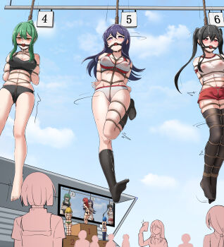 absurdres artist_request asphyxiation bdsm blush bondage bound buruma cameltoe guangmi hanging highres multiple_girls panties peeing peril restrained rope shibari sportswear tagme thighhighs underwear wet wet_clothes wet_panties